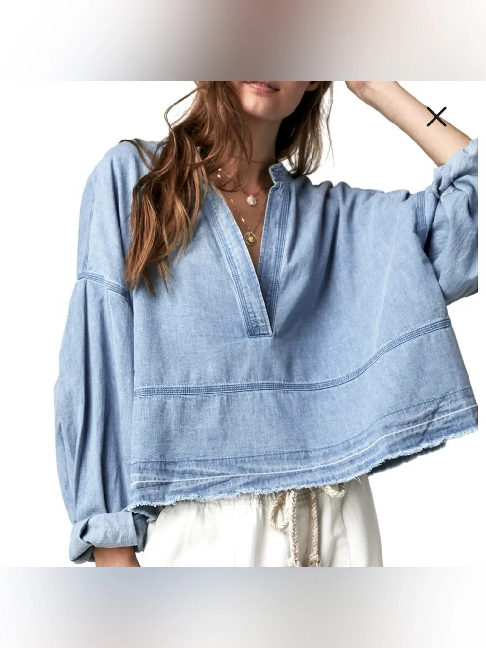 Free People Jude Denim Pullover Tunic Oversized Top Size LARGE